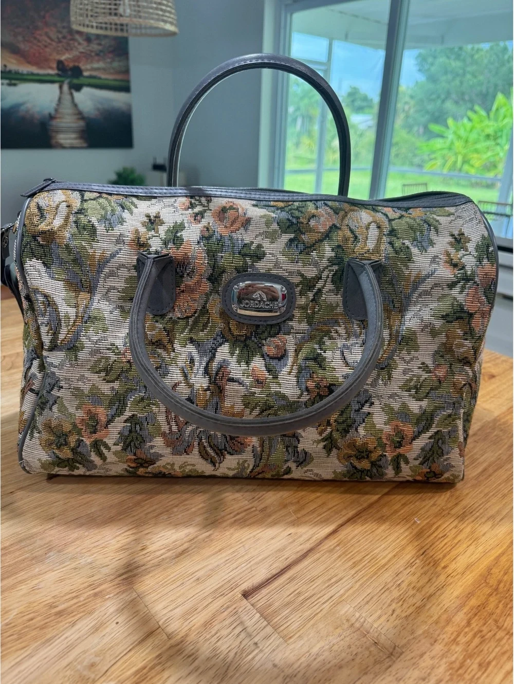 Jordache Floral Tapestry Weekender Bag with Gray Leather Handles